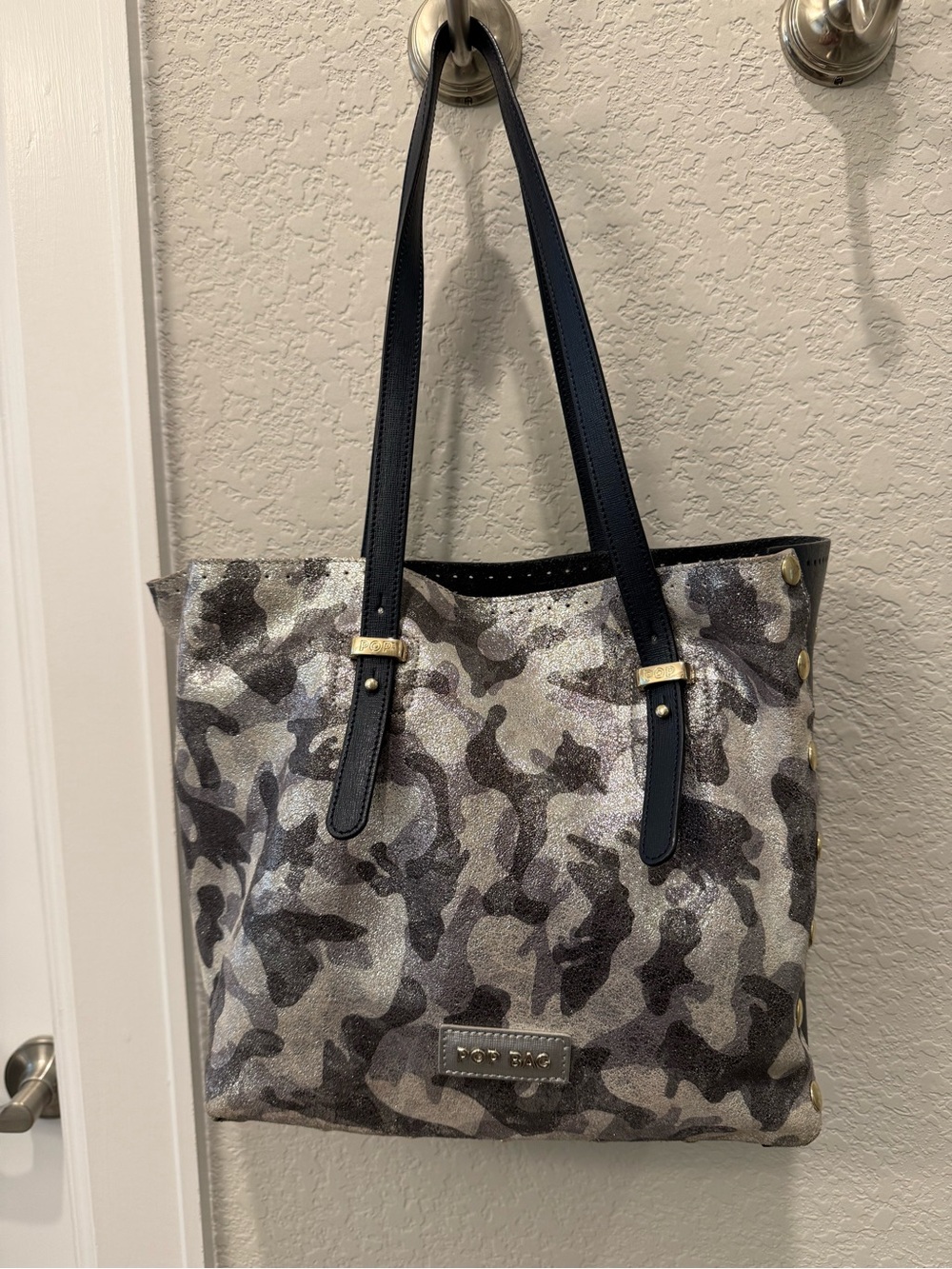 Pop Bag Blue and Silver Metallic leather Camo Tote